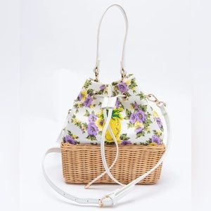 RUE MADAM FLORAL BUCKET BAG EMBELLISHED PINEAPPLE PATCH PARTLY WEAVE